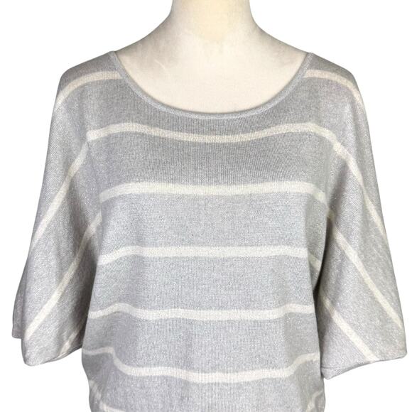 Beyond Vintage Gray Knit White Stripe Silver Sparkle Short Dolman Sleeve Sweater - Picture 4 of 12